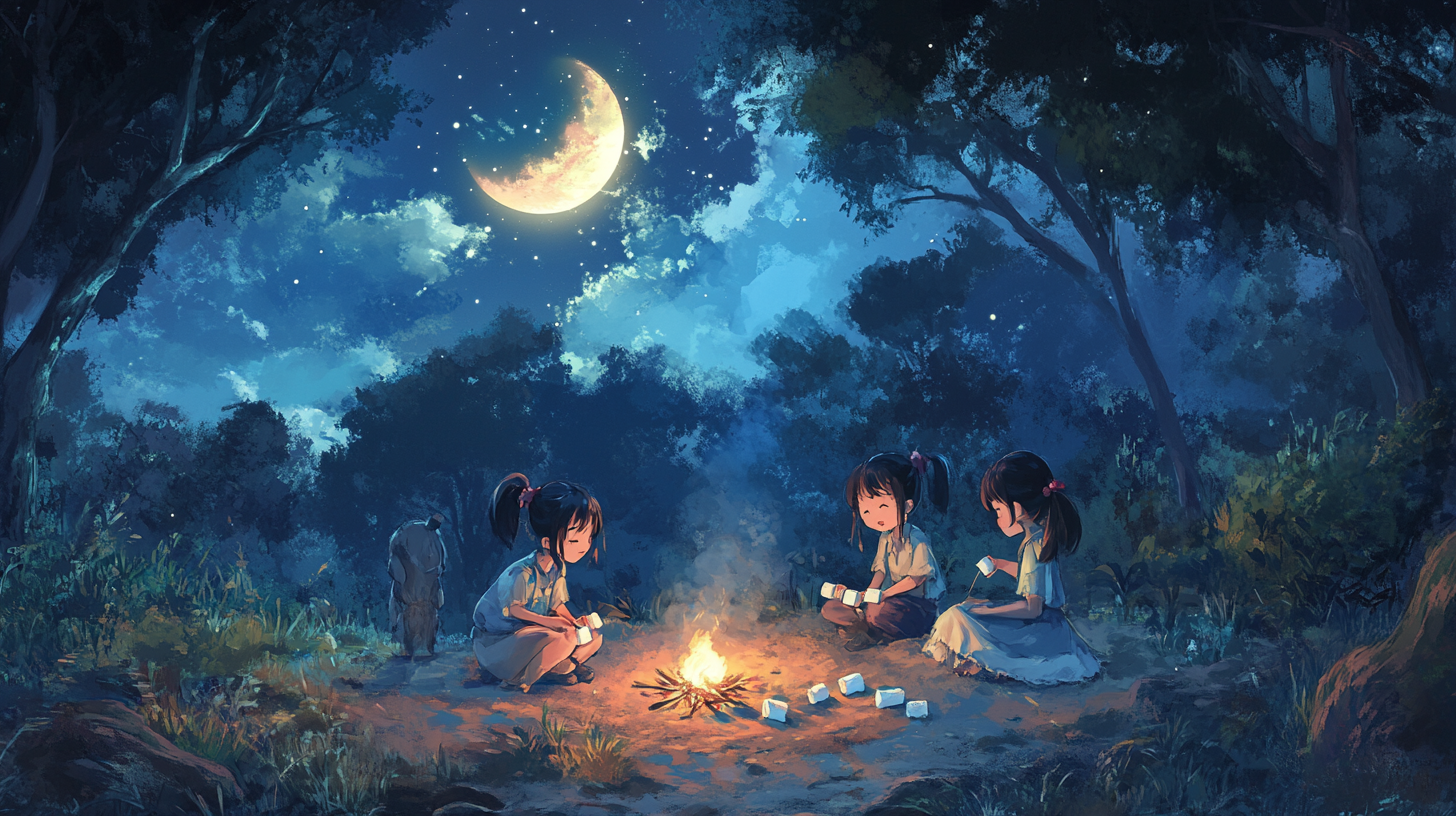 Cute Girl Roasting Marshmallows with Friends Under Moonlit Sky