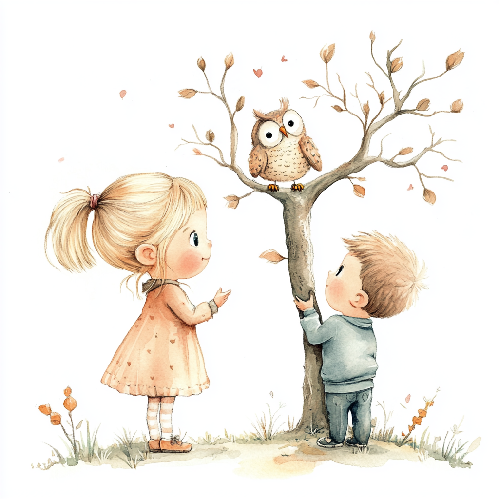 Cute Girl and Boy Talking to Owl at Sunset