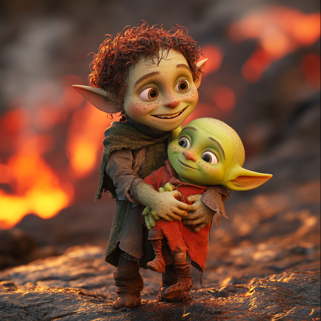 Cute Green Orcs Save Friend from Lava in Pixar 3D Render