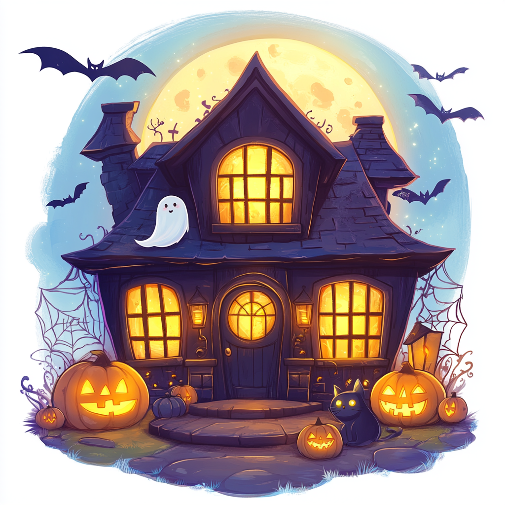 Cute Cartoon Halloween House with Friendly Ghost and Pumpkins