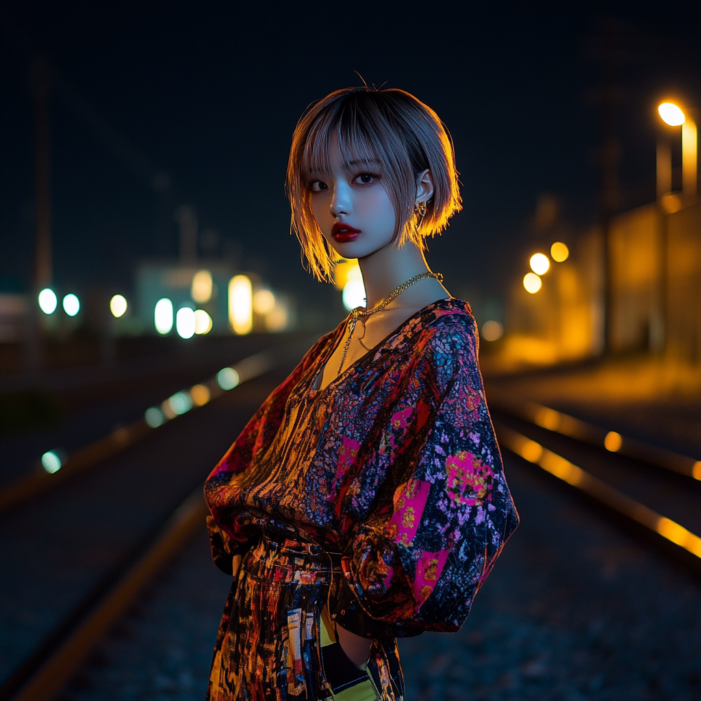 Cute Japanese model in luxury brand clothes on tracks.