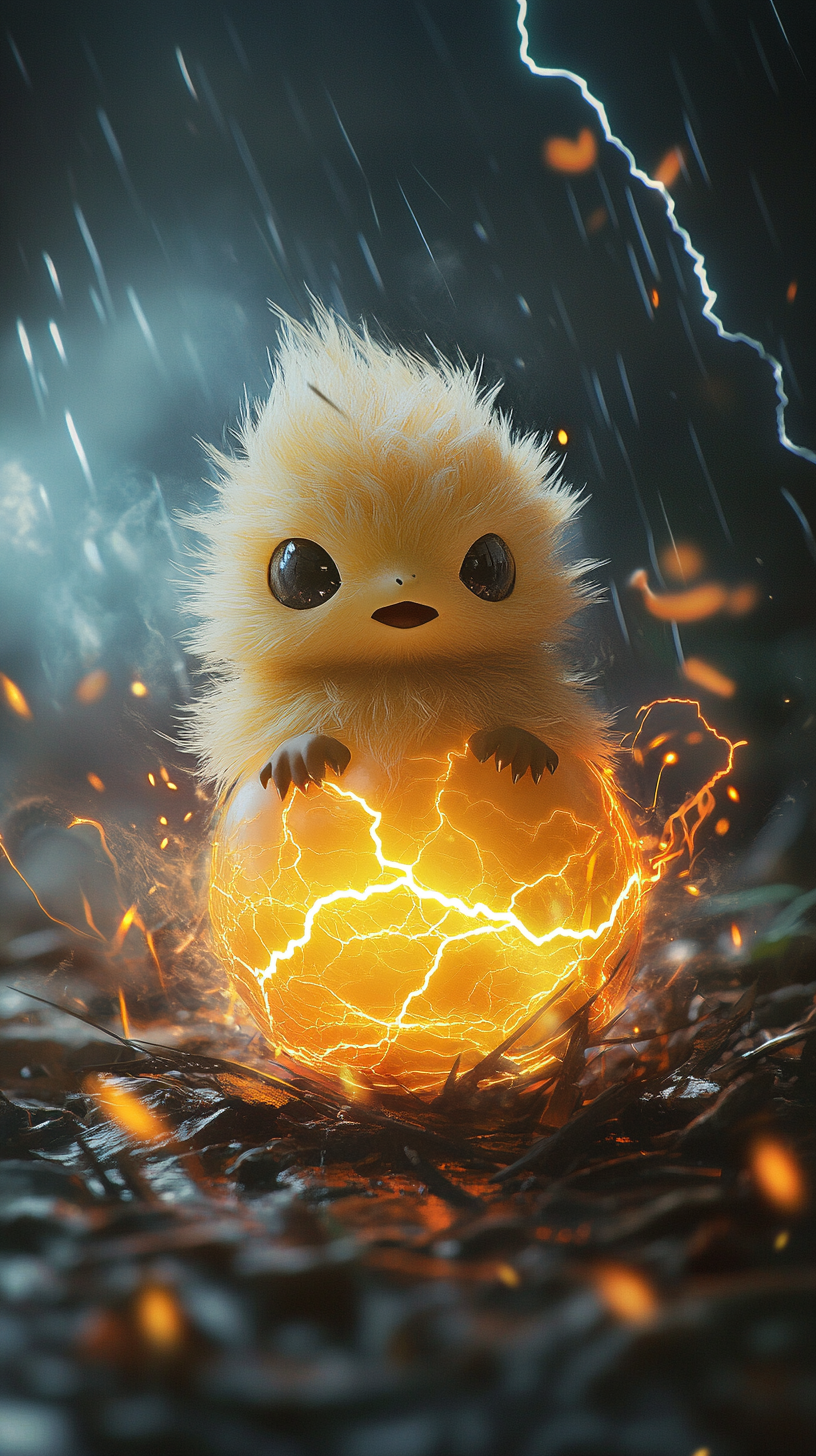 Cute Joltik hatching from electric egg under lightning sky.