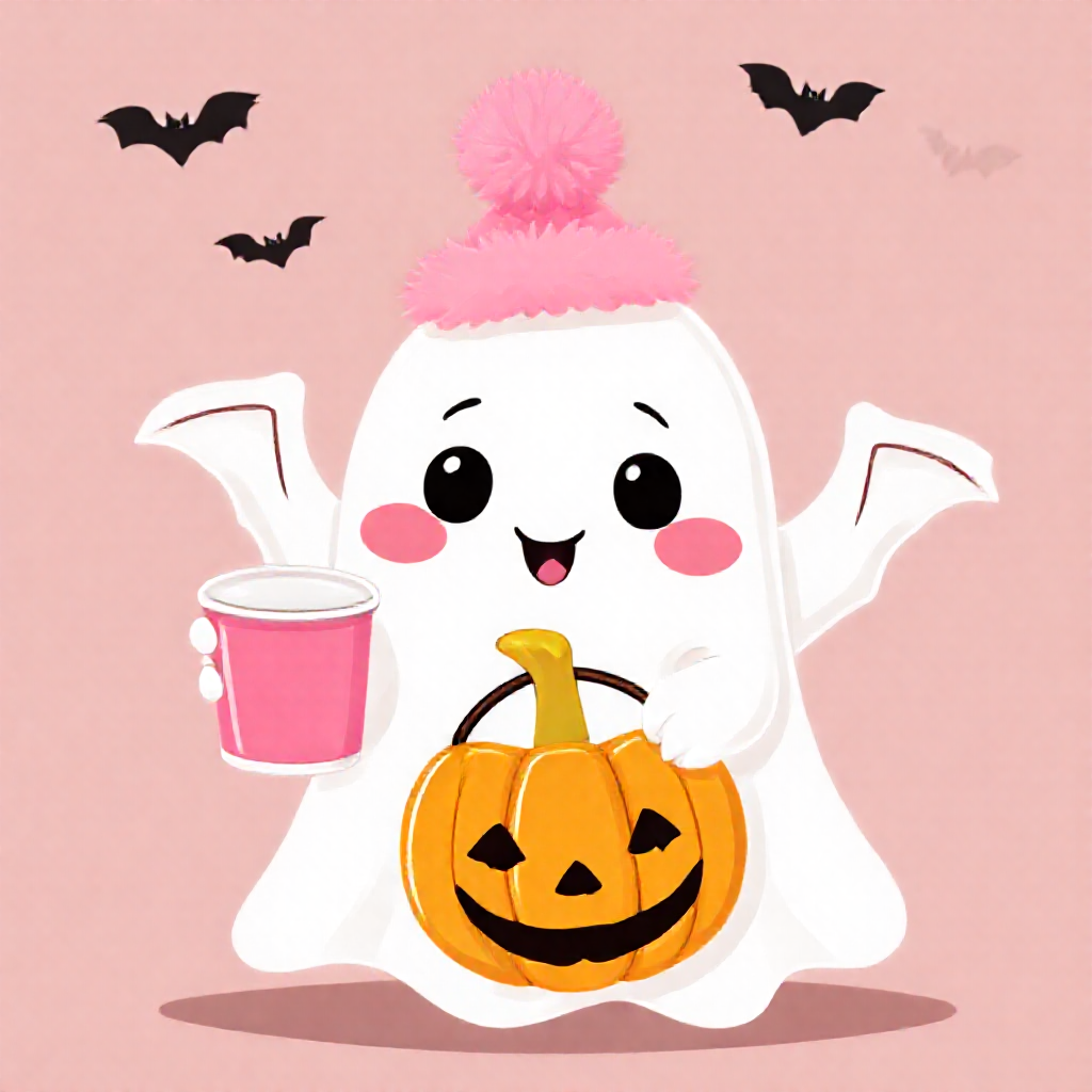 Cute Kawaii Ghost with Pink Stanley Cup (Sample AI Image)