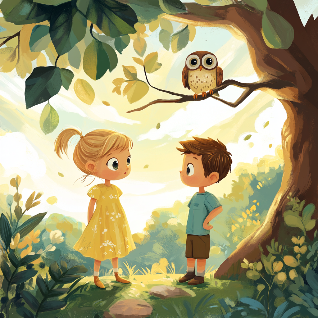 Cute Kids Sunset Owl Tree Nature Cartoon 3D