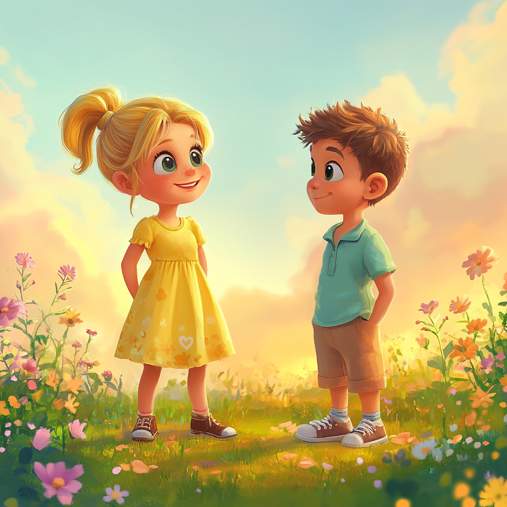 Cute Kids at Sunset Garden 3D Illustration