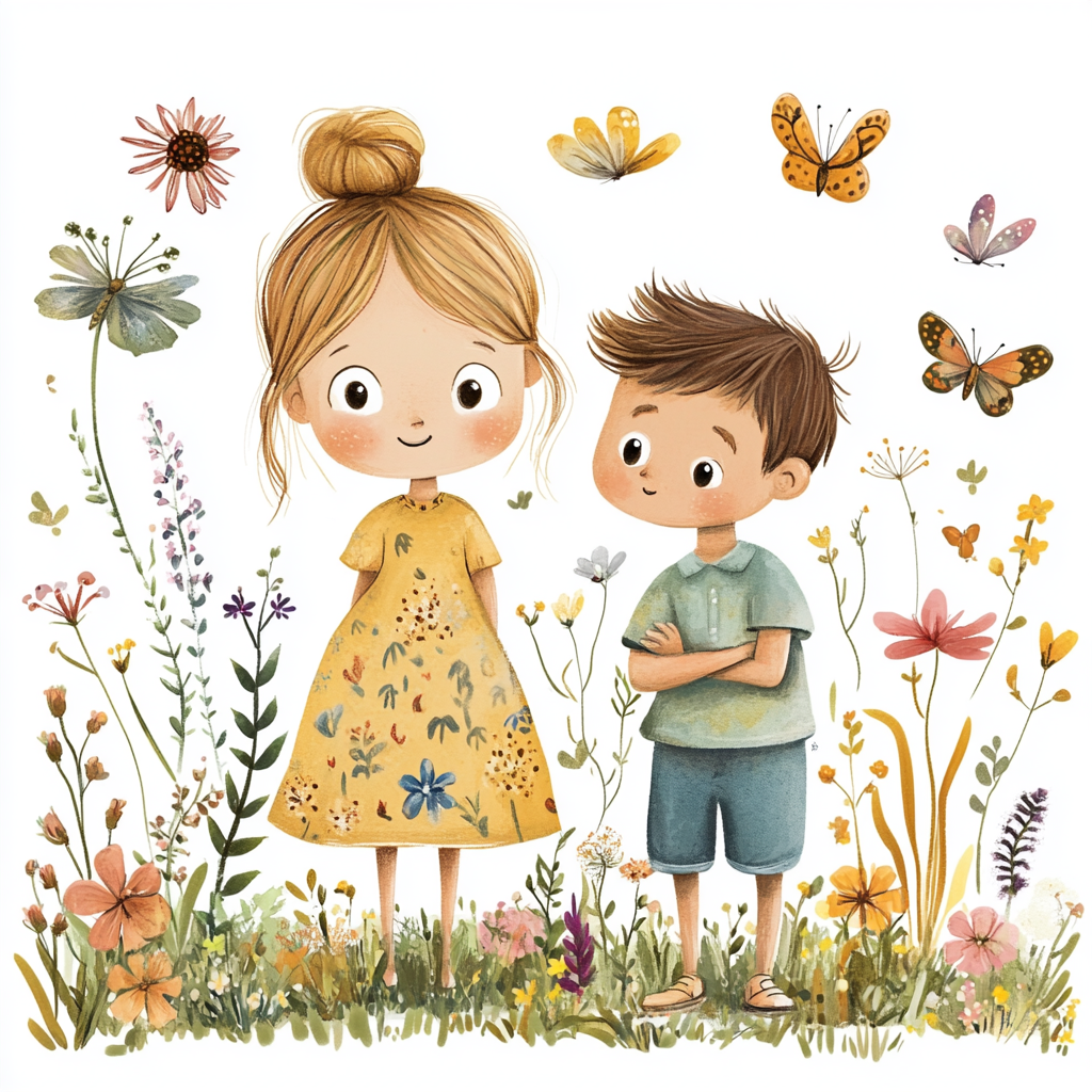 Cute Kids in Garden with Butterflies at Sunset