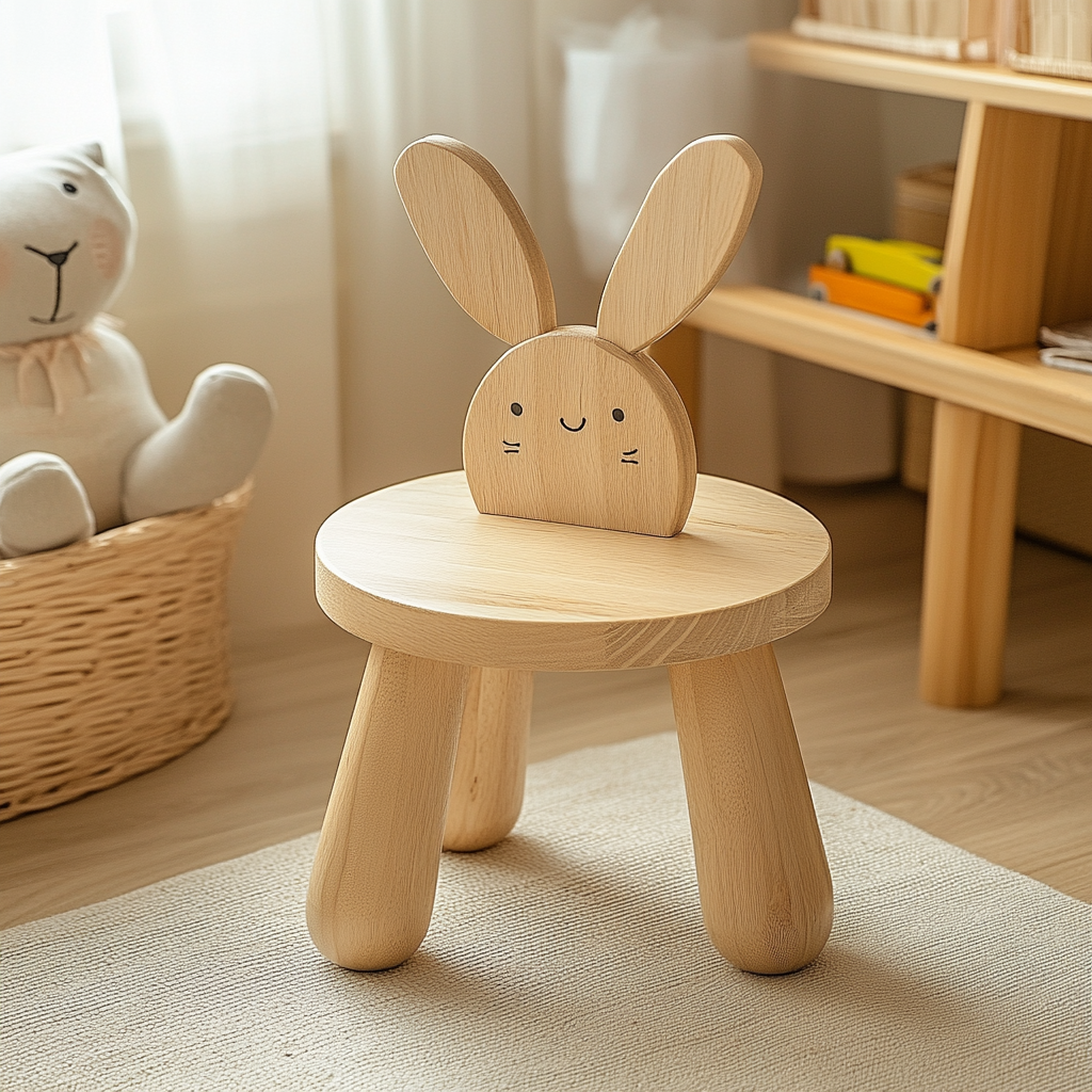 Cute Rabbit Style Solid Wood Children's Stool with Backrest 