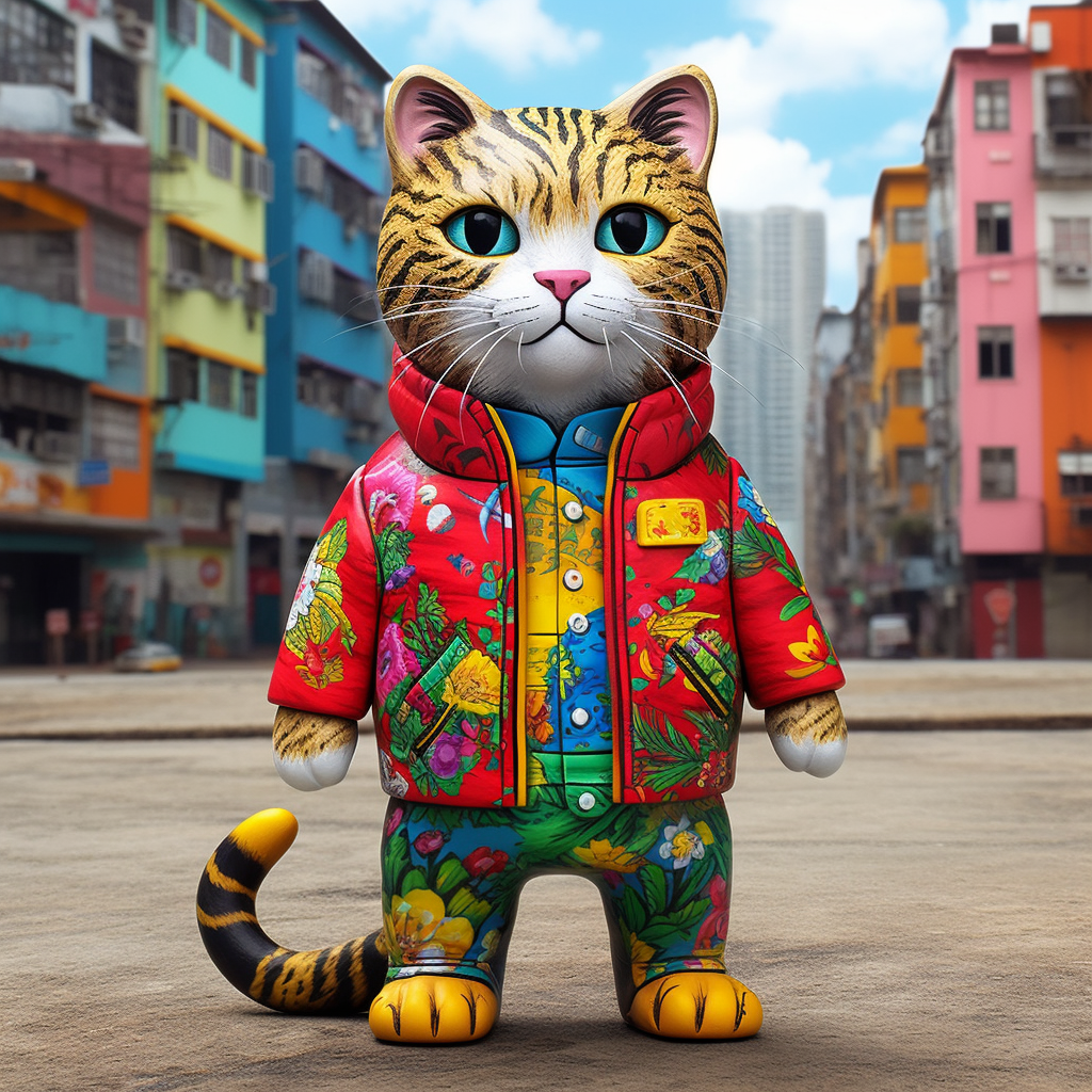 Cute Scottish Fold cat in colorful outfit poses confidently.