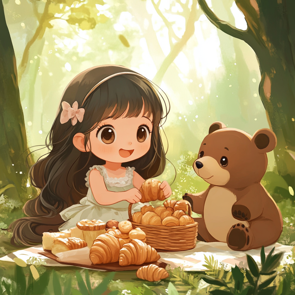 Cute anime girl and bear cub having picnic together.