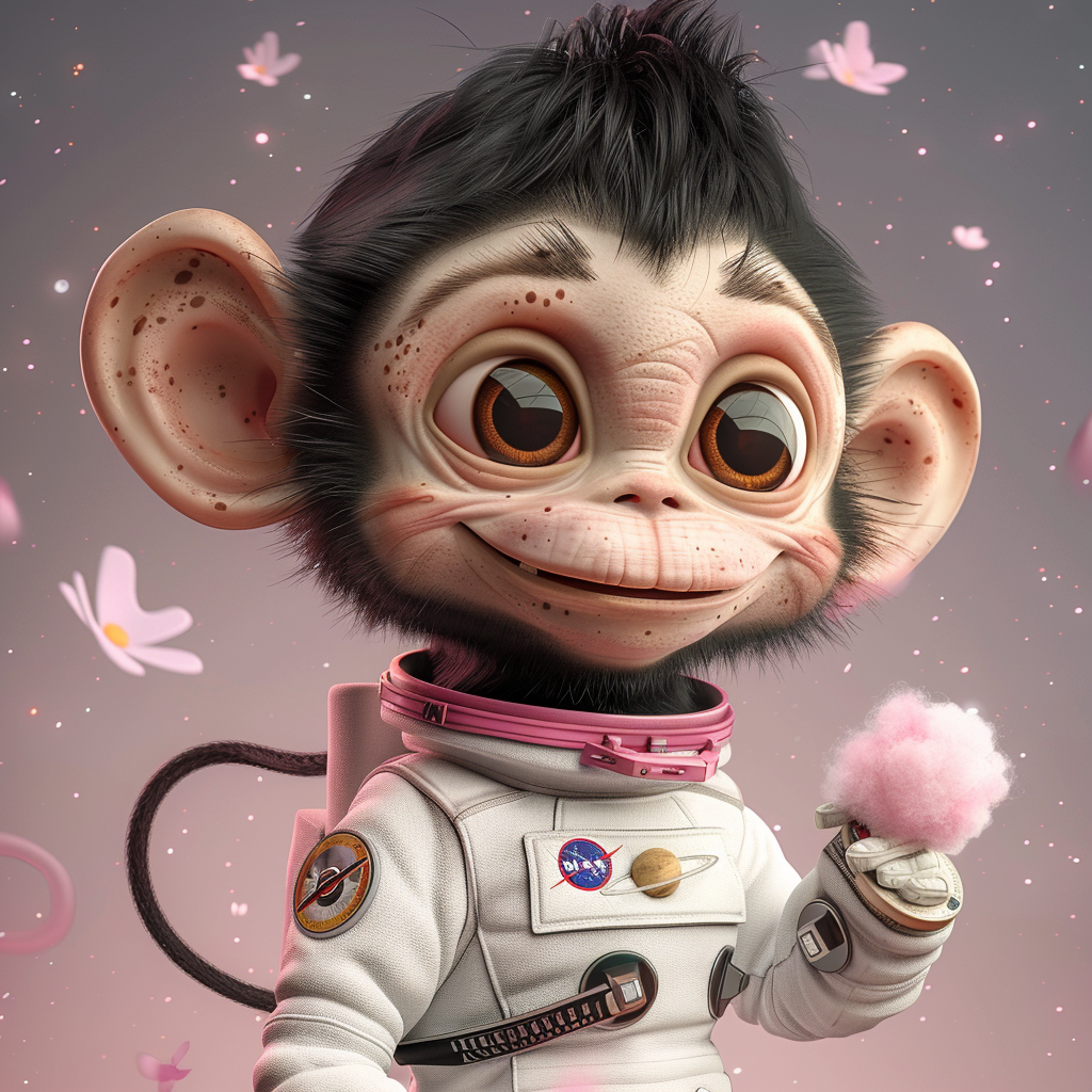 Cute astronaut monkey eating pink cotton candy galaxy happily.