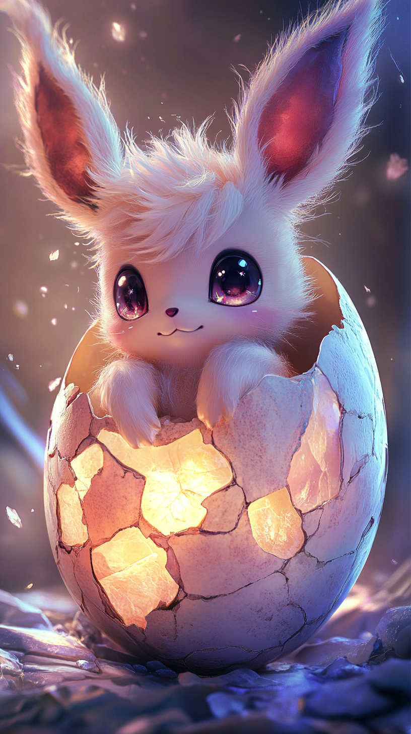 Cute baby Eevee hatching from glowing egg, dreamy background.