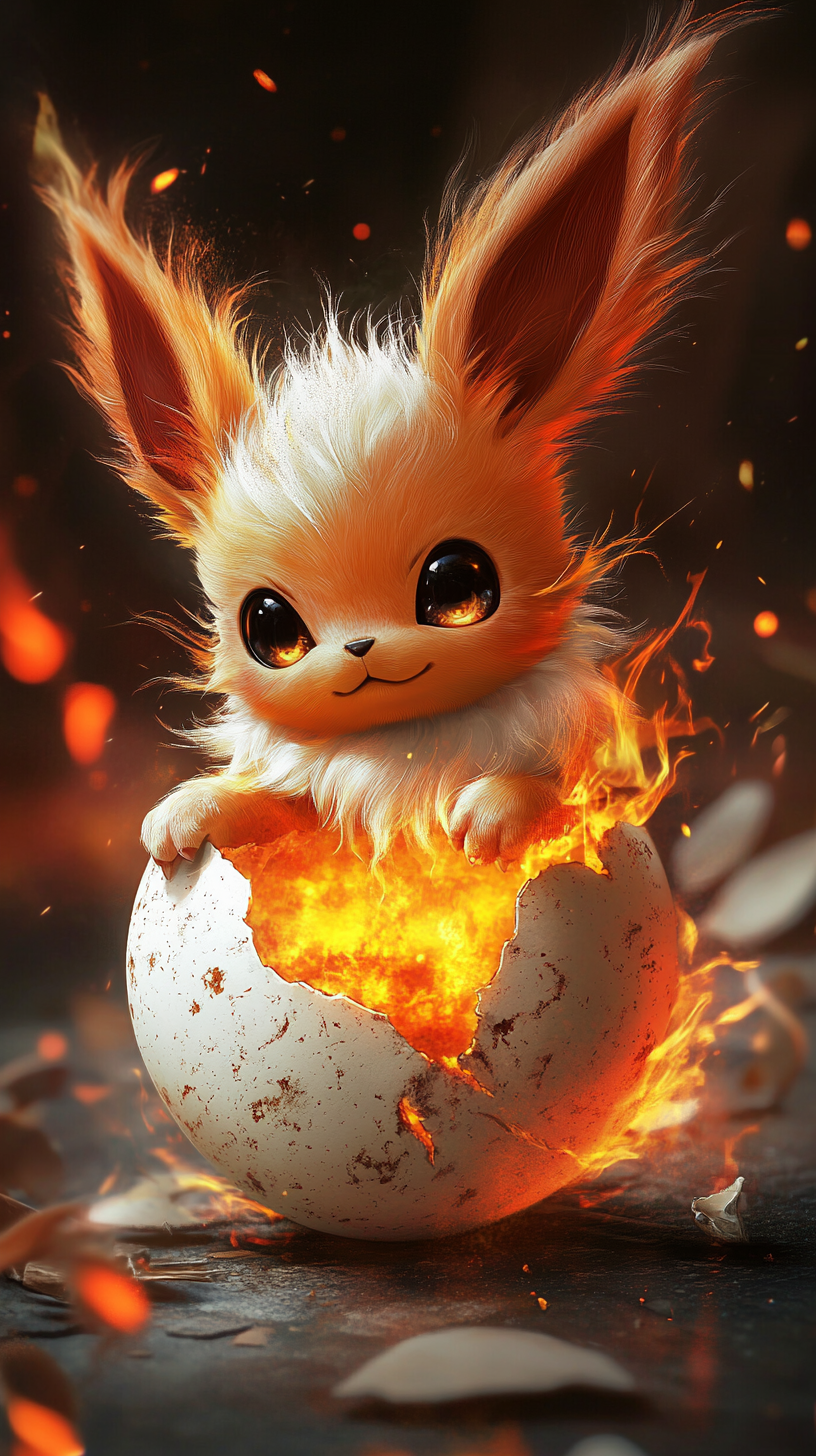 Cute baby Eevee with fiery fur hatching from egg.