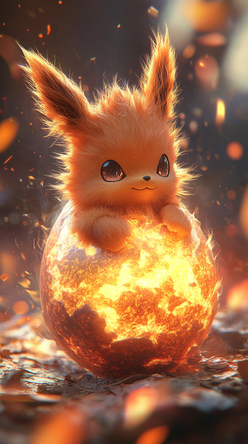 Cute baby Flareon hatching from glowing mystical egg.