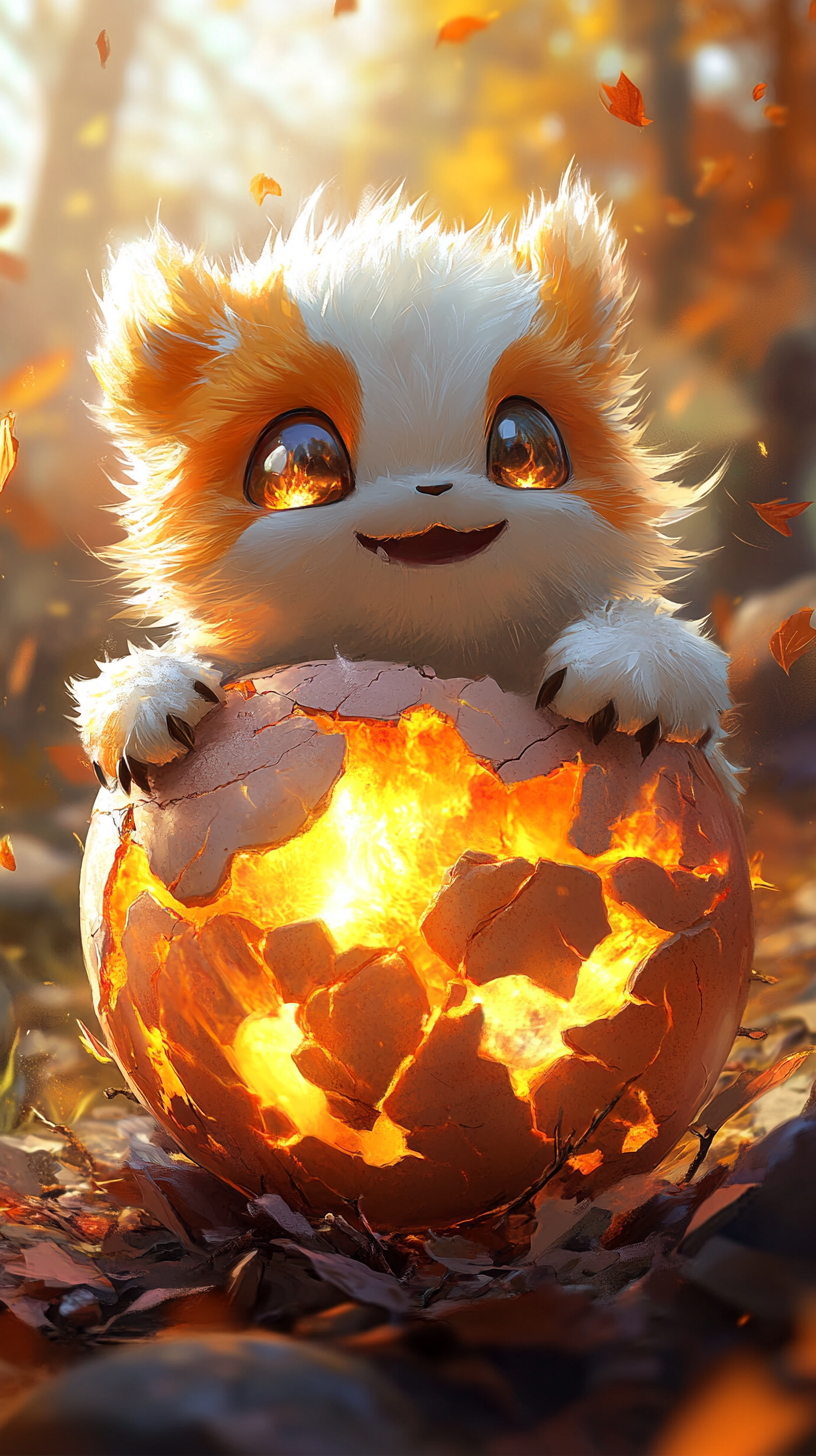 Cute baby Growlithe hatching from fiery cracked egg.