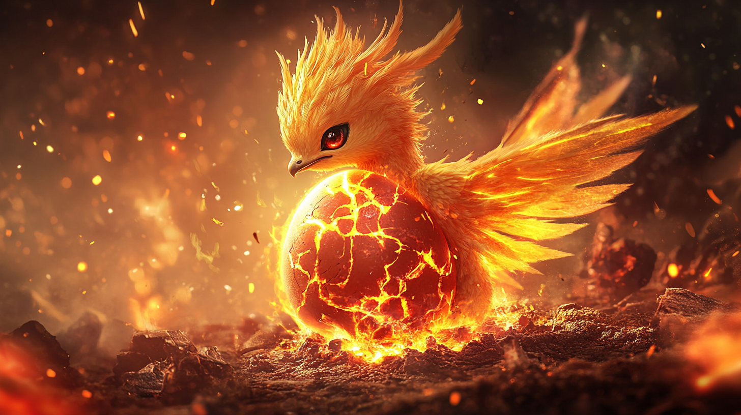 Cute baby Moltres hatching from fiery egg painting.