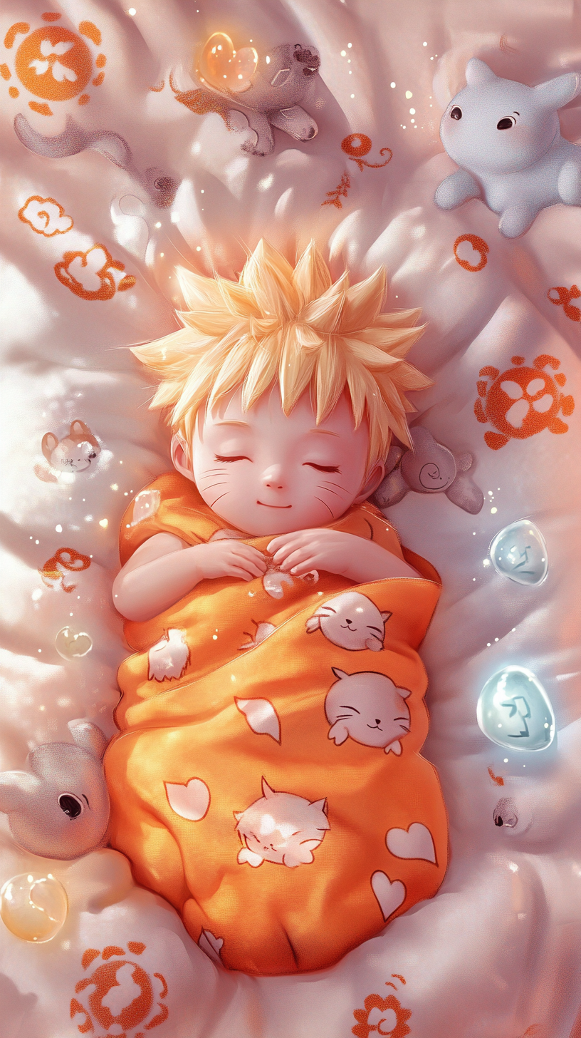 Cute baby Naruto sleeping peacefully in colorful crib.