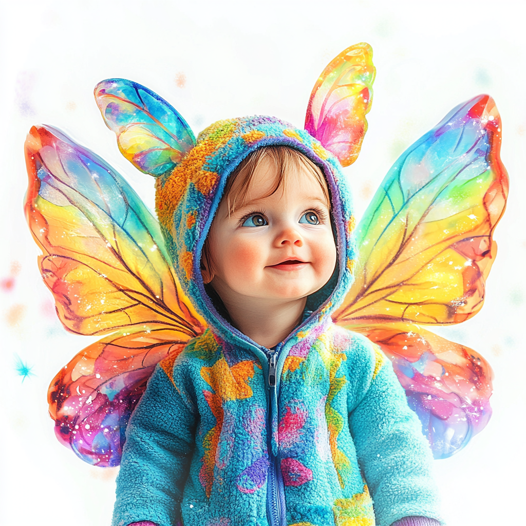 Cute baby fairy with big head, colorful wings.