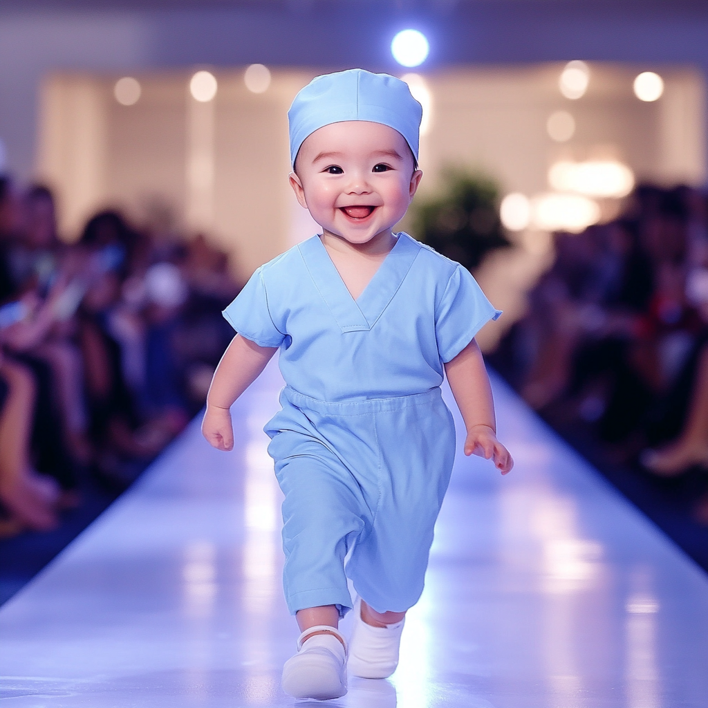 Cute baby in nurse's uniform confidently walks runway.