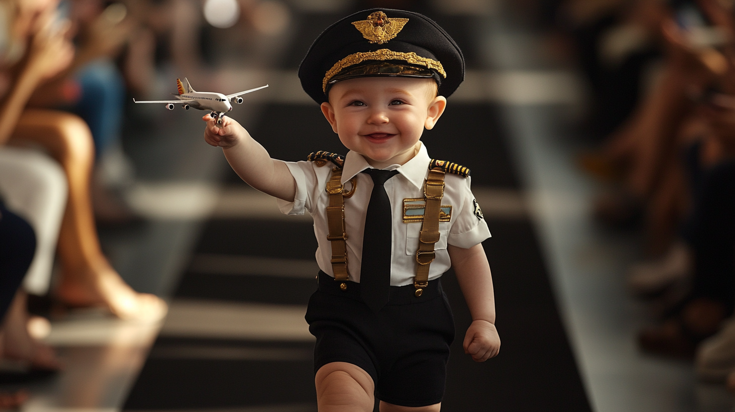 Cute baby in pilot uniform walking confidently on runway.