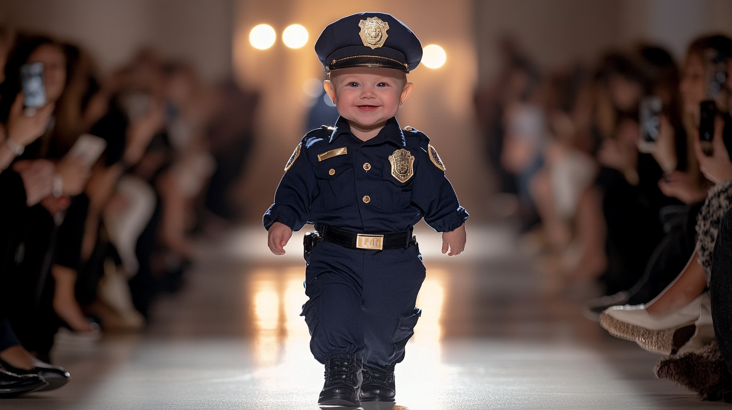 Cute baby in police uniform on fashion runway smiling.