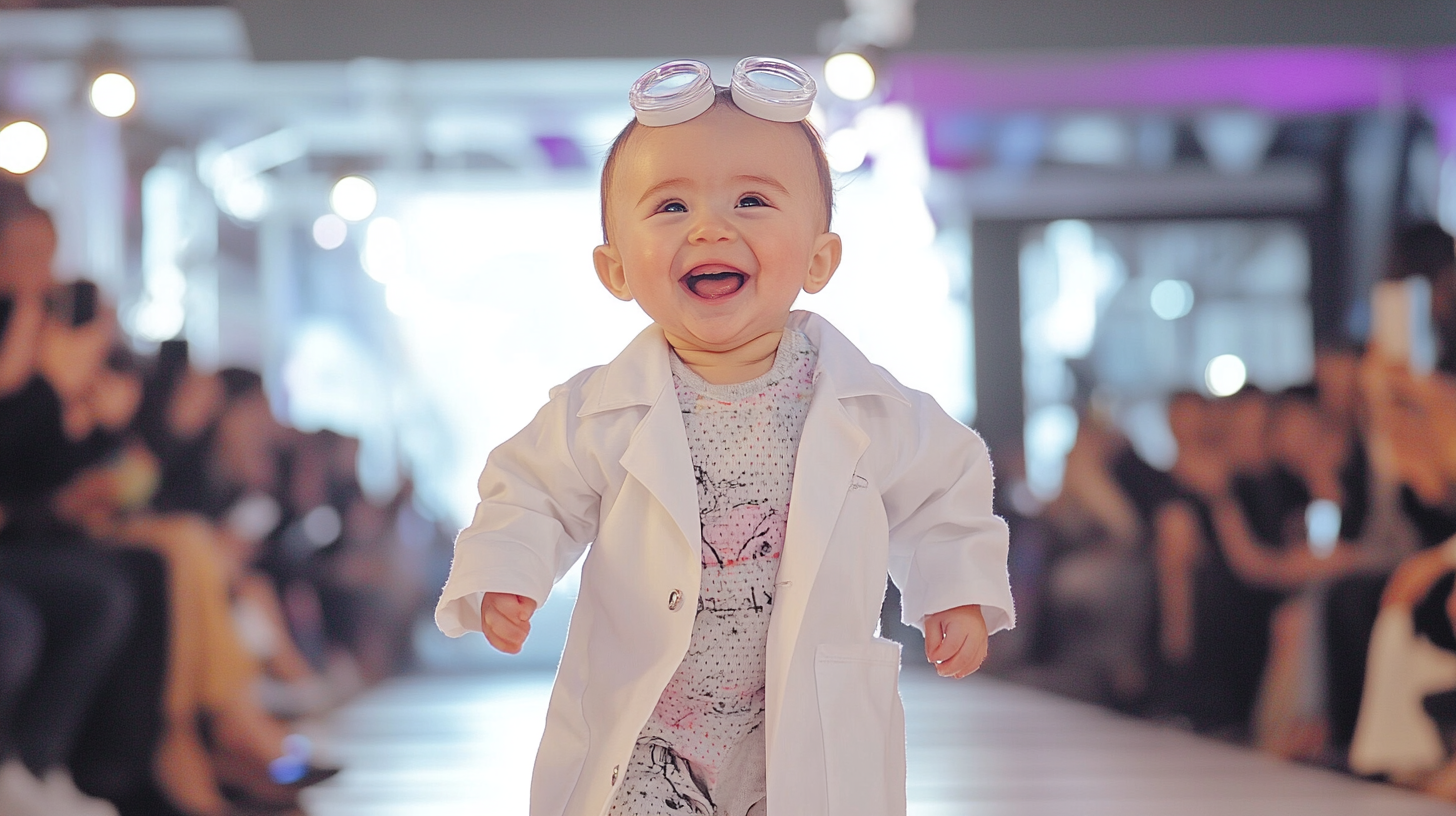 Cute baby in scientist lab coat walking confidently on stage