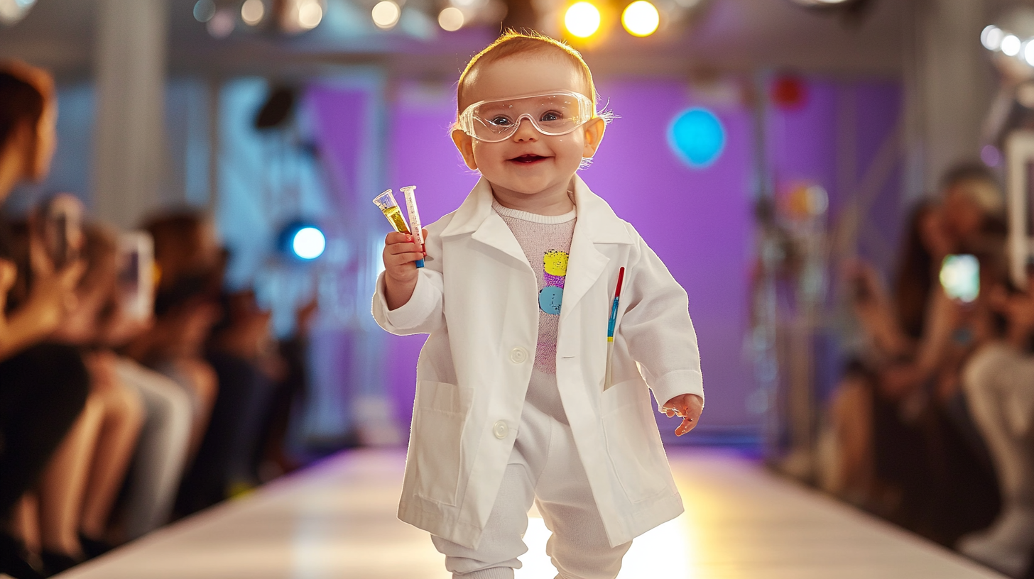 Cute baby scientist on runway, smiling confidently with clipboard.