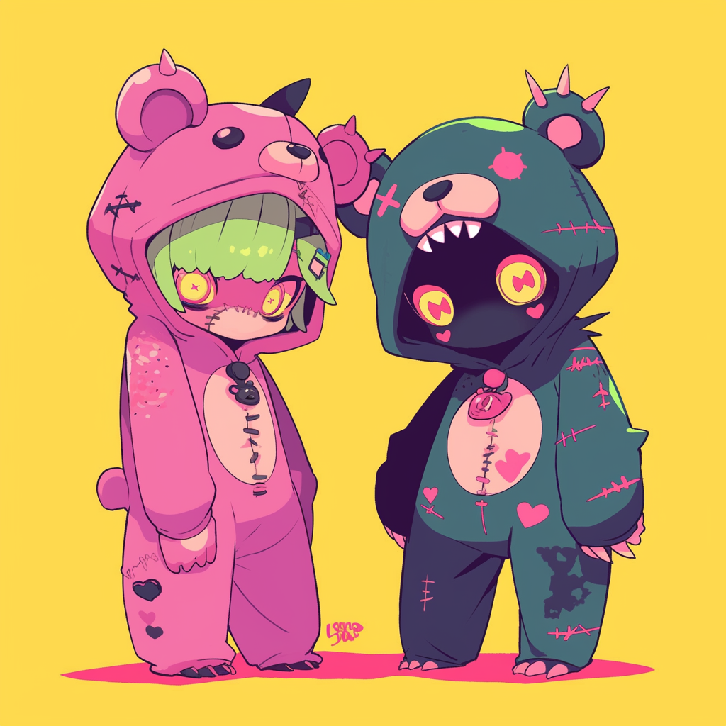 Cute bear and owl in zombie costume anime style