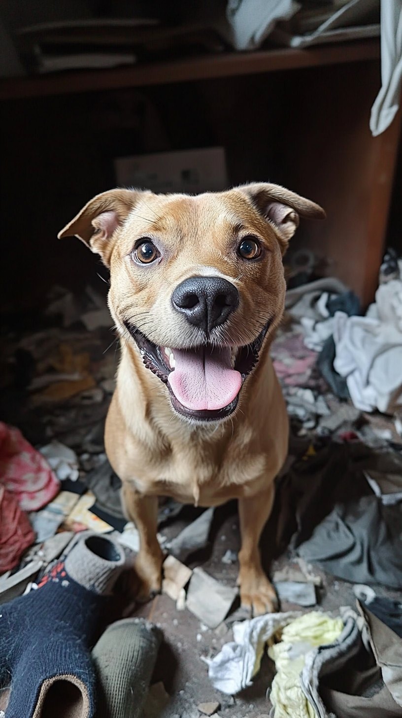 Cute brown dog, smiling with tongue out, in room.