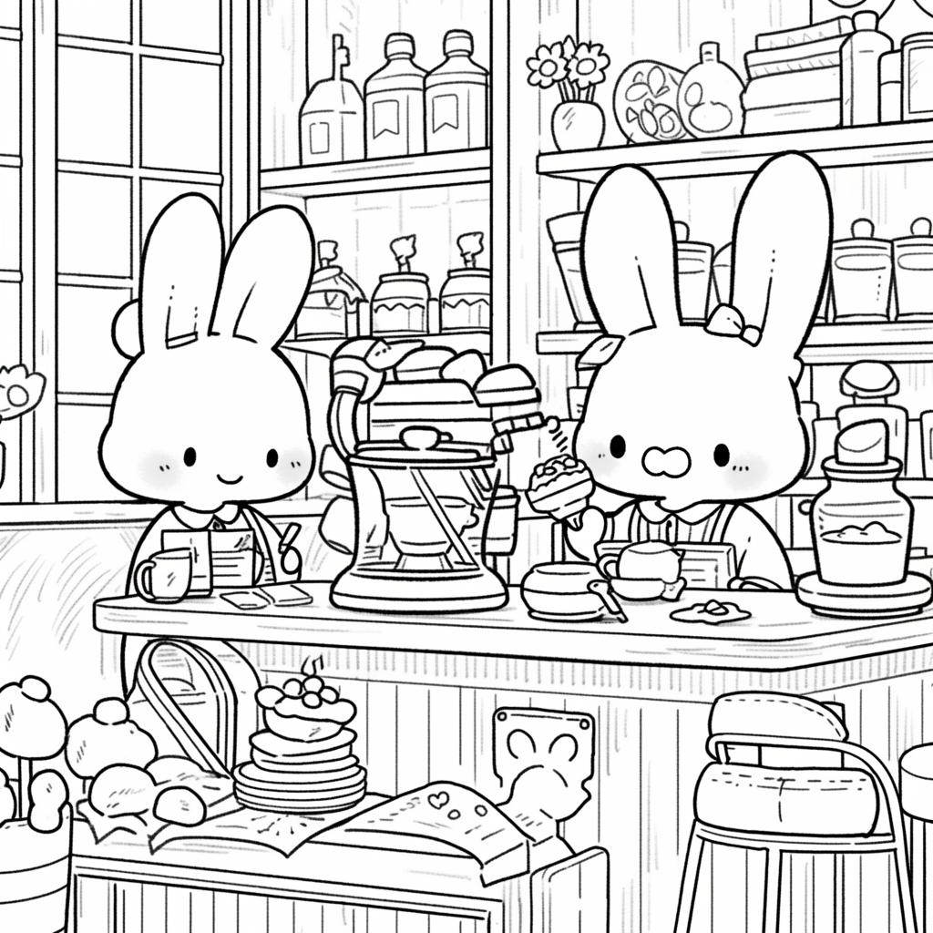 Cute bunnies working as baristas in enchanted coffee shop.