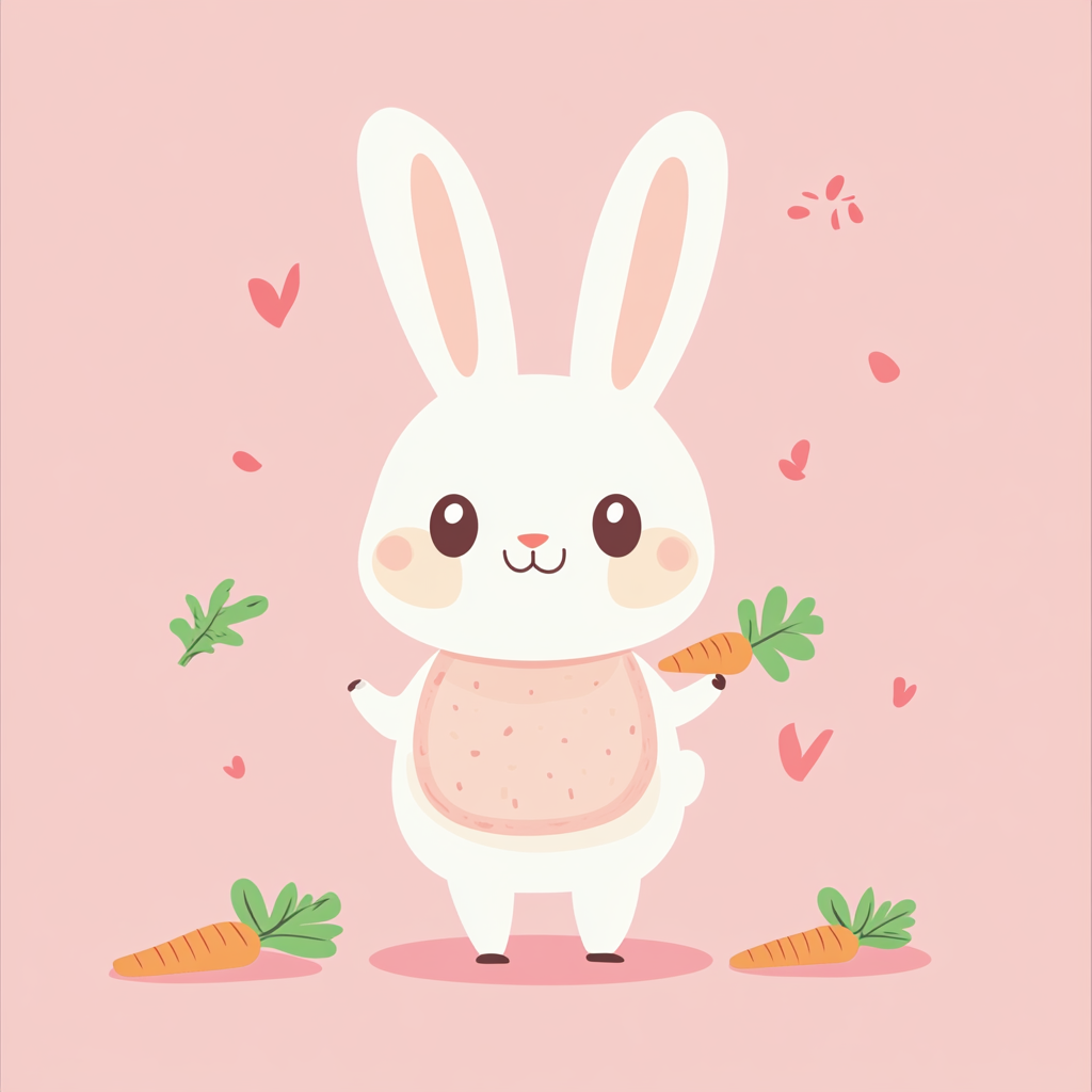 Cute bunny holding carrot in bib, simplistic flat illustration.