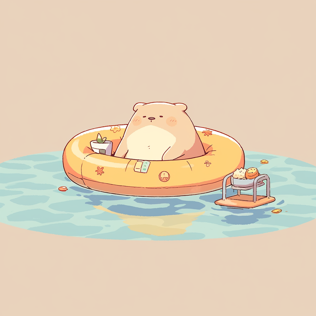 Cute capybara in pool floaty under soft lighting.