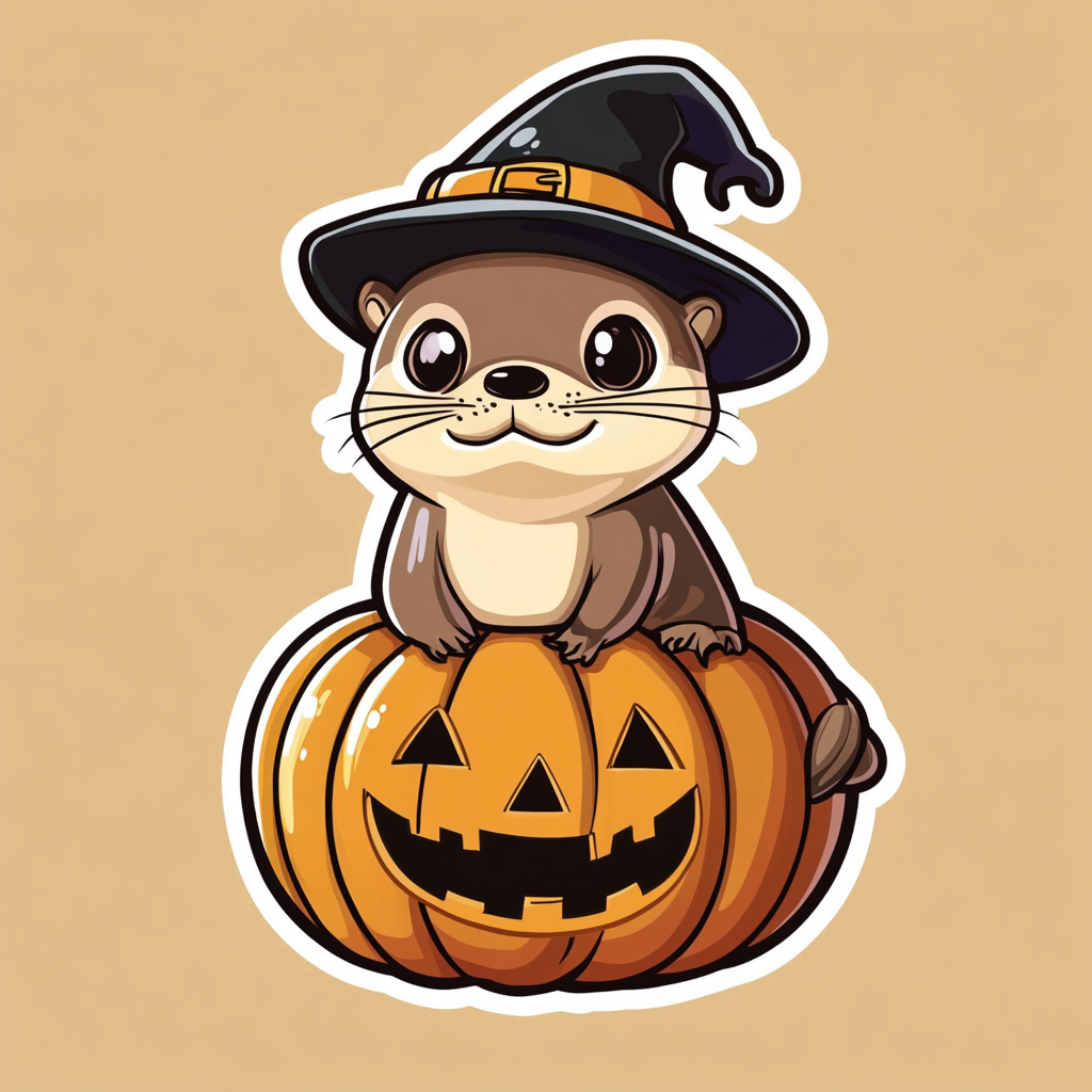 Cute cartoon otter with witch hat on pumpkin sticker.