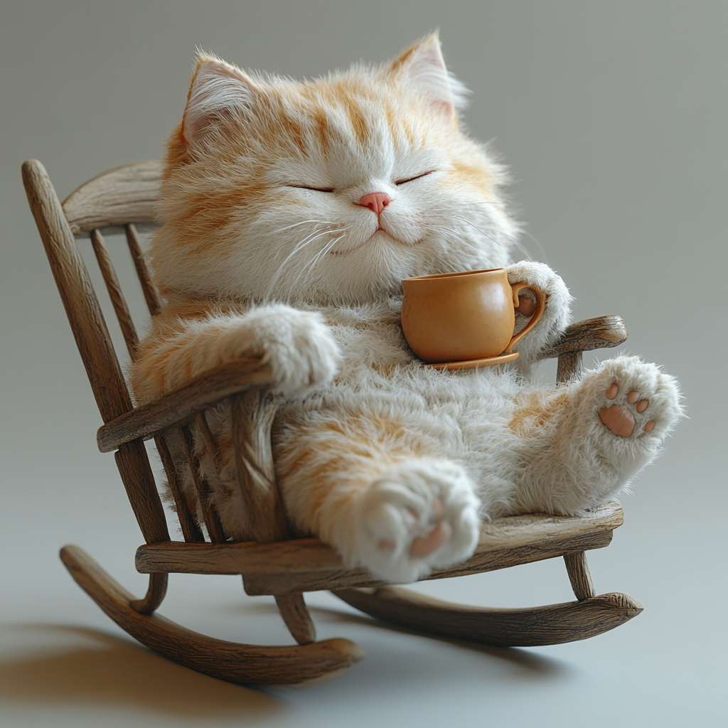 Cute cat enjoying tea in rocking chair.