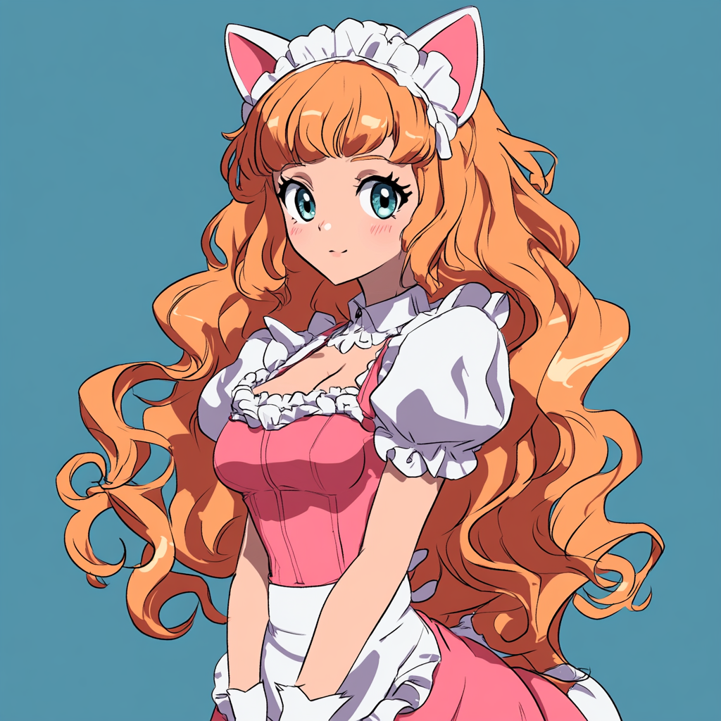 Cute catgirl with strawberry blonde curls in frilly outfit.