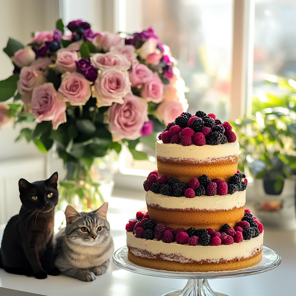 Cute cats near cake and flowers in sunlight.