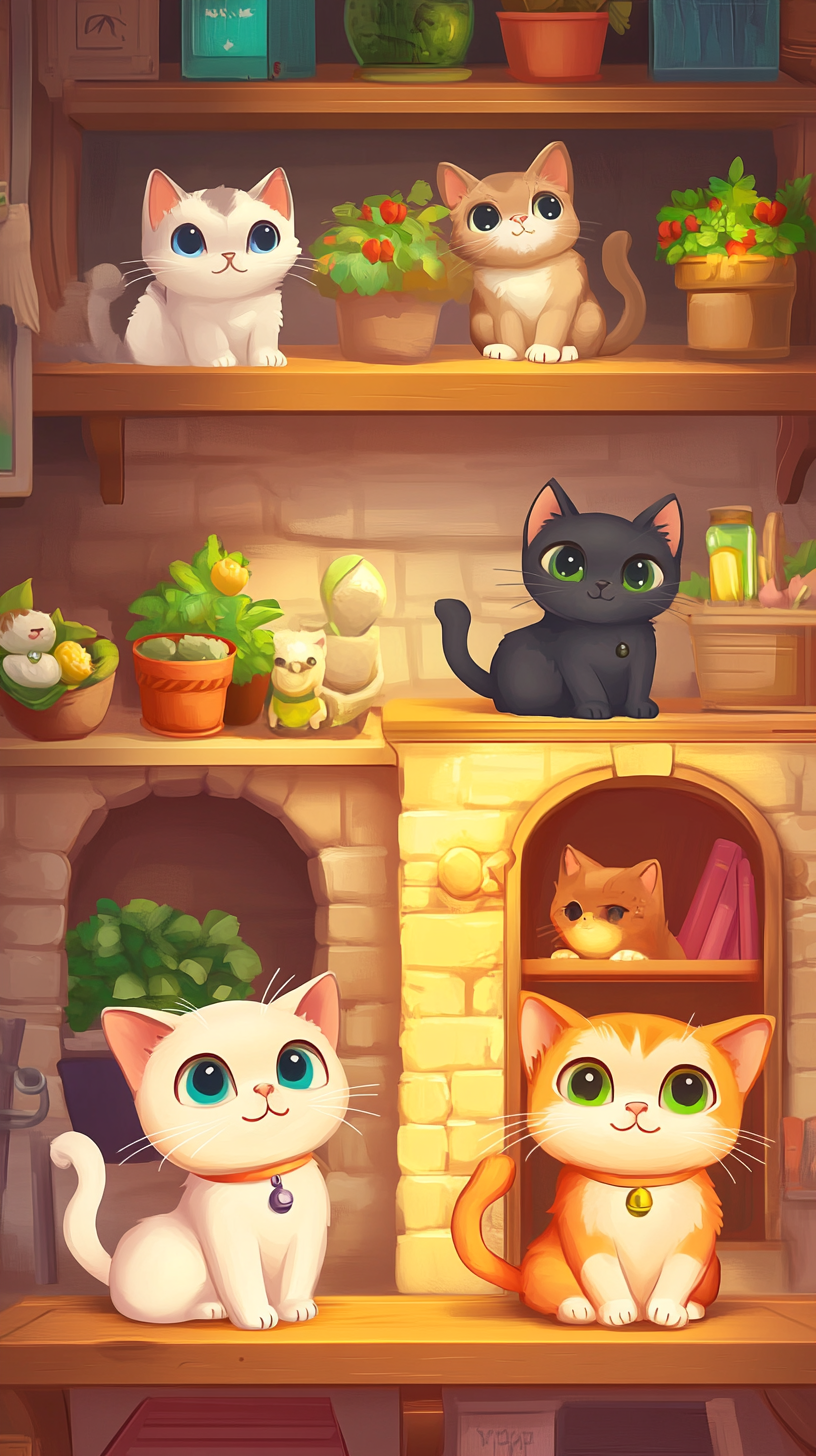 Cute cats play puzzle game in cozy house.