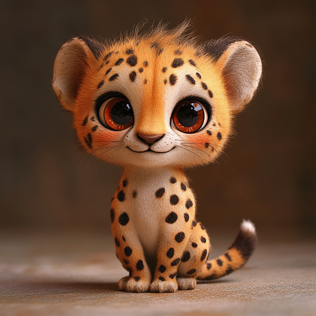 Cute cheetah, smaller than quark, delicately perched with sparkle.