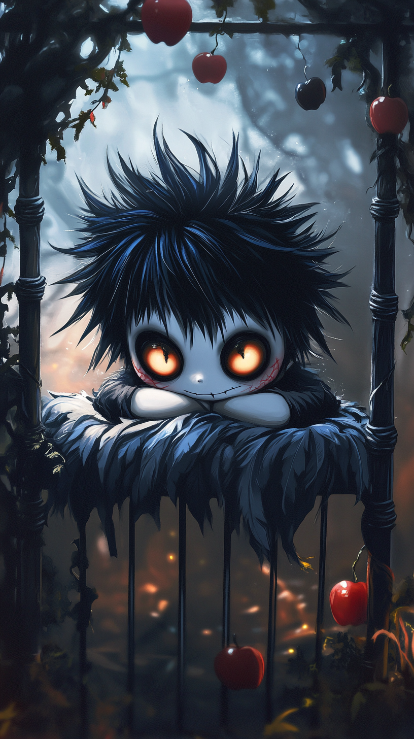 Cute chibi Ryuk in dark-themed crib, surrounded by Death Note universe elements