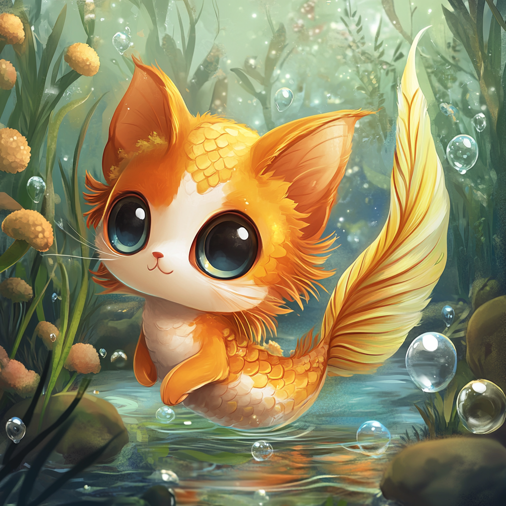 Cute chibi cat with goldfish-like body in underwater garden.