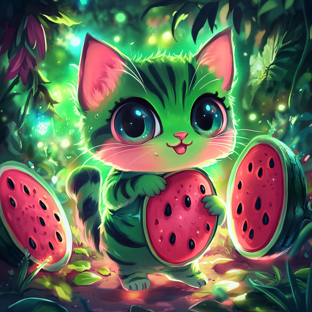 Cute chibi cat with watermelon fur in garden.