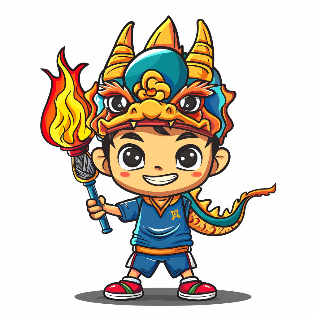 Cute child in dragon headdress holding sports torch.