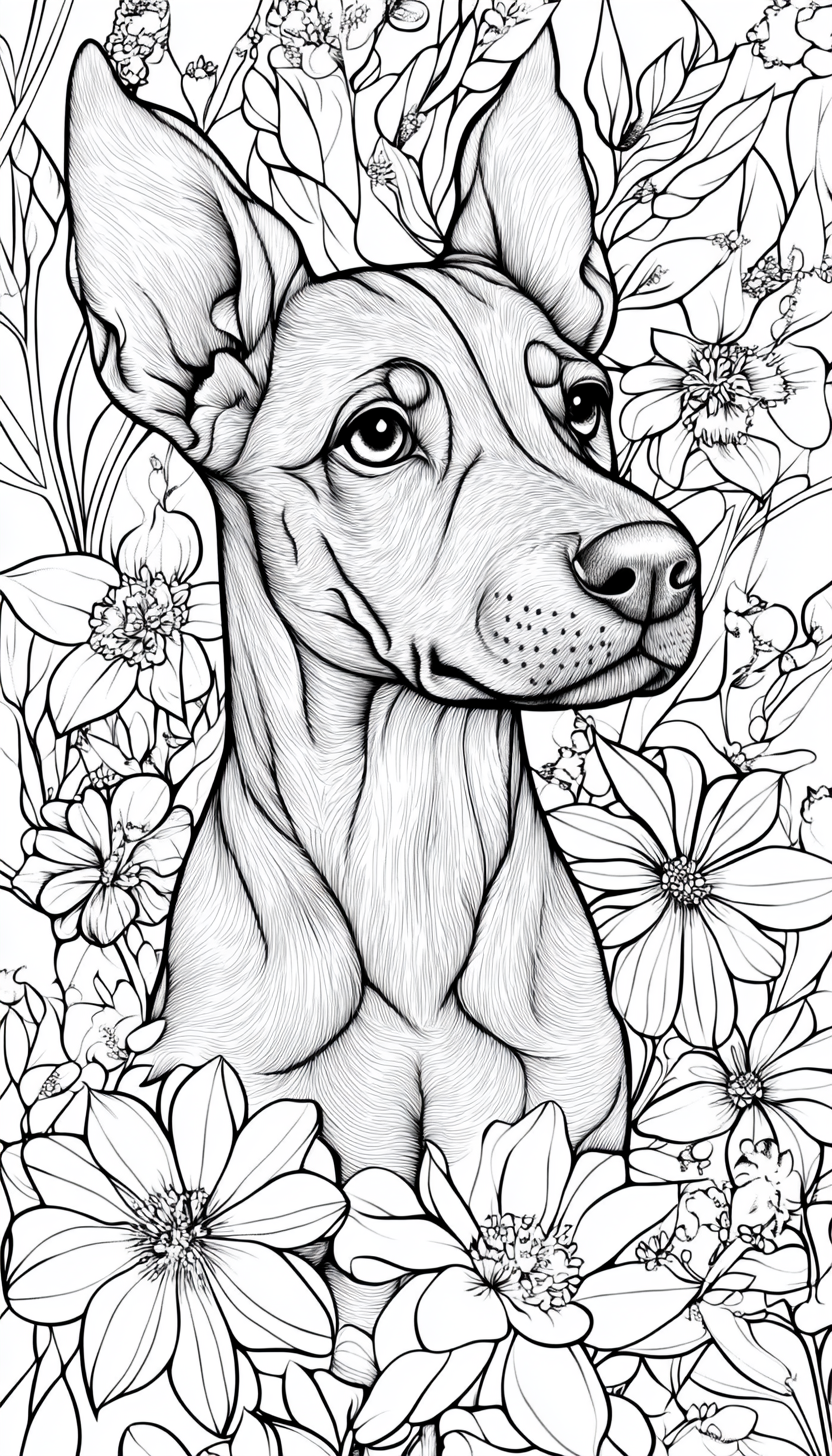 Cute doberman puppy in flower field coloring page