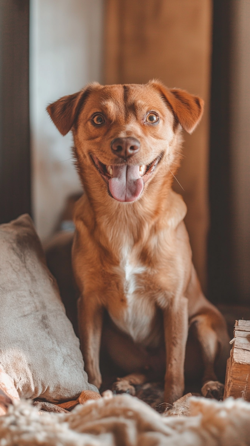 Cute dog in room with destroyed objects smiling.