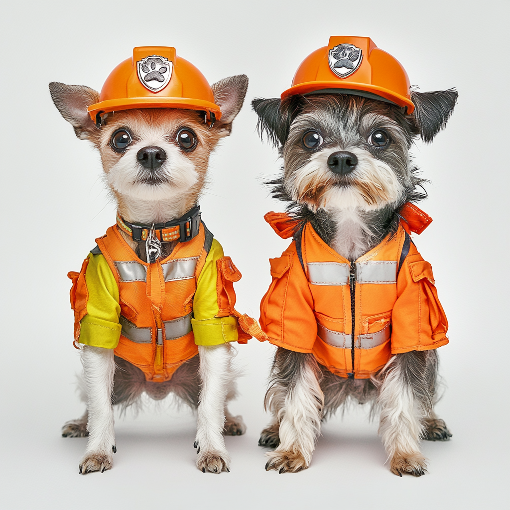 Cute dogs in Paw Patrol construction worker costume