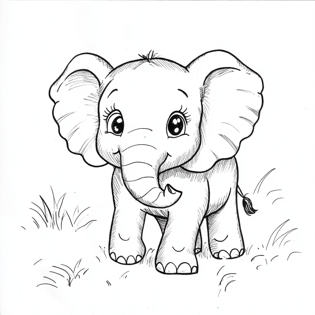 Cute elephant with oversized head, round body, large eyes