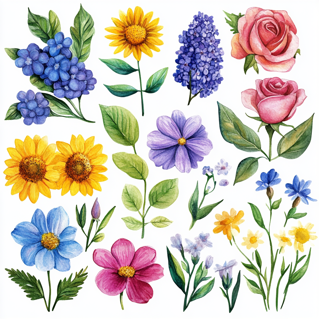 Cute flower clipart with roses, daisies, and sunflowers.