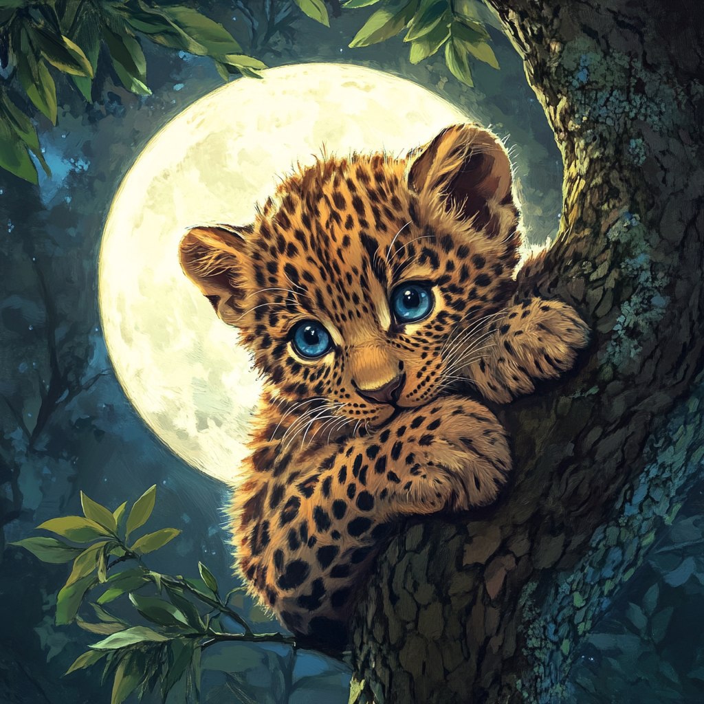 Cute fluffy leopard cub with blue eyes on tree