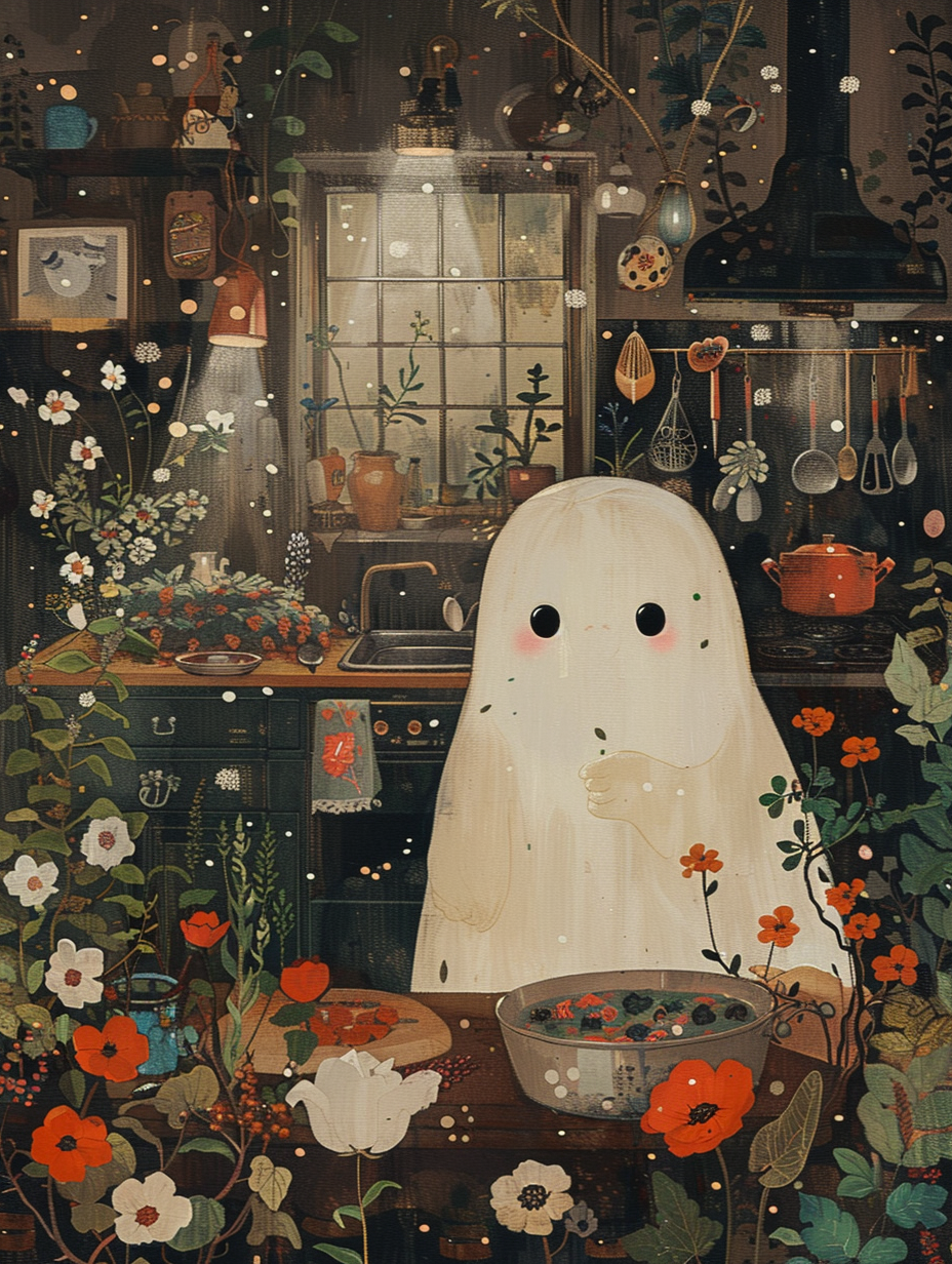 Cute ghost cooking in dark academic kitchen, oil painting.