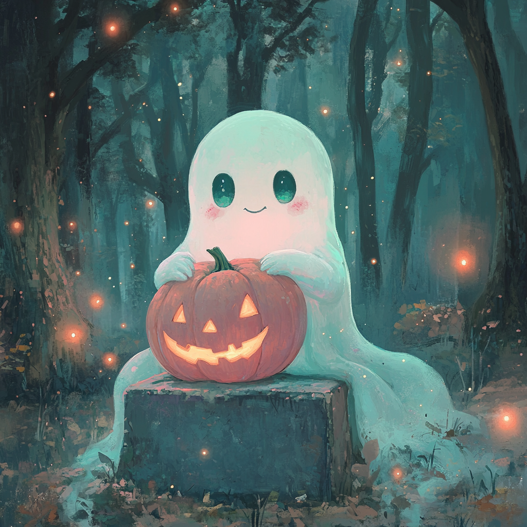 Cute ghost holding a pumpkin on gravestone at twilight.