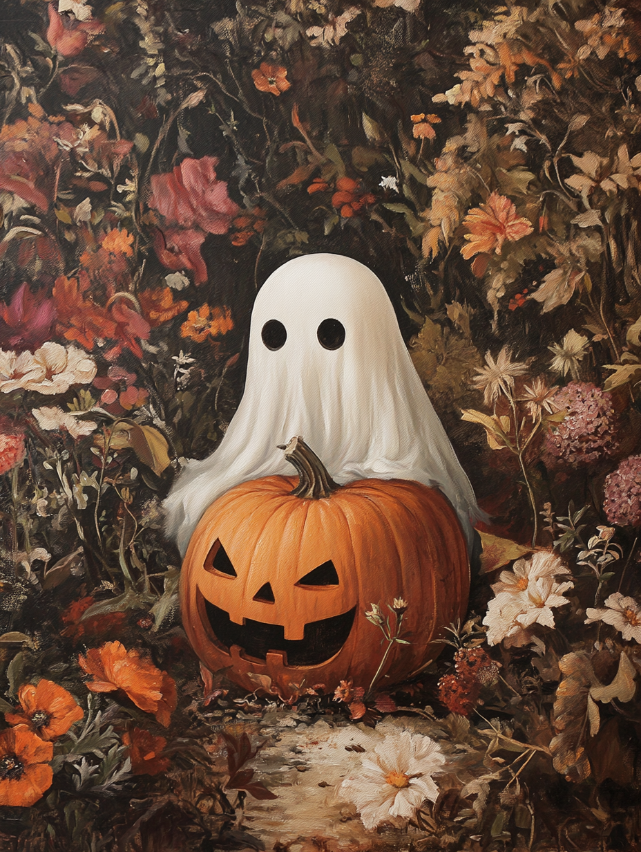 Cute ghost on pumpkin with autumn flowers, vintage style.